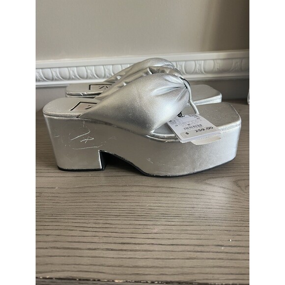 ZARA SILVER CHUNKY TOE POST LEATHER PLATFORM HEELED SANDALS Size 7.5 New - Picture 5 of 10